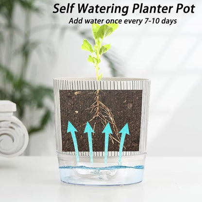 3 Pack 4.3+5.5+6.3 Inch Self Watering Pots Set, Self Watering Planter with Reservoir and Wick Rope for Indoor/Outdoor Plants, Modern Houseplants Pots for African Violets,Cactus,Succulents