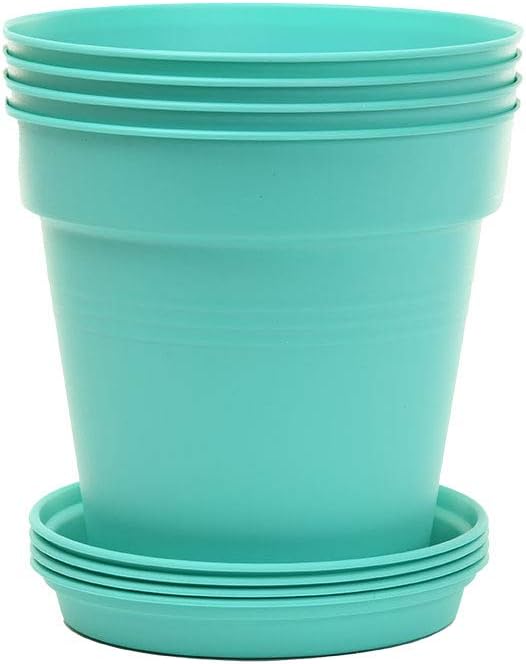 Mintra Garden Pots, 4 Pack Bulk Plastic Plant Pots with Drainage Tray, Round Indoor & Outdoor Decorative Planters with Drain Holes for Flowers, Herbs & Plants, 15cm Diameter – Teal, 5.9 in