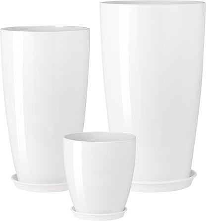 24-21-11 Inch Tall Planters Set of 3, Indoor Outdoor White Round Planter with Drainage Hole and Saucer, Large Decorative Plant Pots for Home Garden Porch (White)