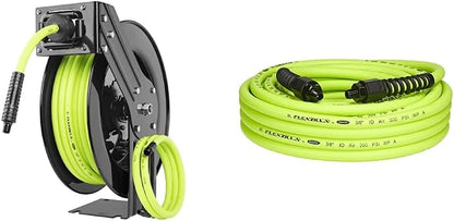 Flexzilla Open Face Retractable Air Hose Reel, 3/8 in. x 50 ft., Heavy Duty, Lightweight, Hybrid, ZillaGreen - L8611FZ & Pro Air Hose, 3/8 in. x 50 ft, Heavy Duty, Lightweight, Hybrid, ZillaGreen