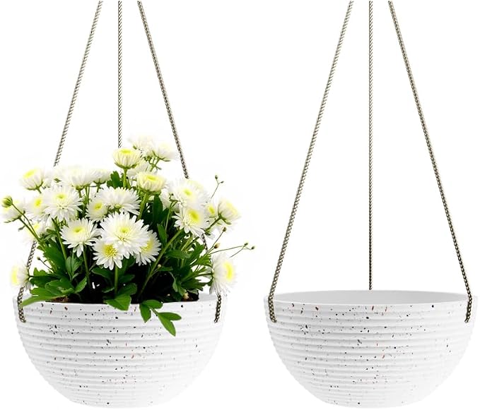 Asnext Line Pattern 10 Inch Hanging Planter for Indoor Outdoor Plants, 2 Pack Round Hanging Pots for Plants (Speckled White)