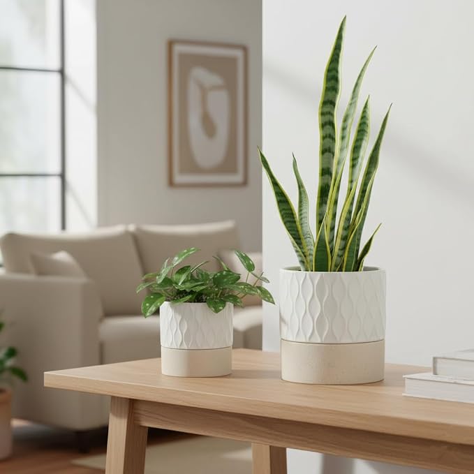 Nihow Ceramic Self Watering Plant Pot for Indoor Plants, 4.5+6 Inch | Planter with Cotton Wick, Drainage Hole & Water Storage Plus, Cylinder Round Flower Pot, For Succulent/Herbs/Violets
