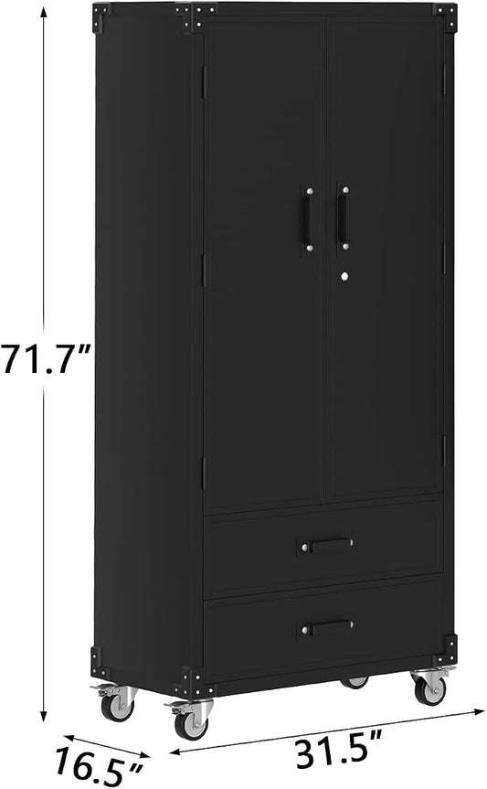 GarveeHome 72 in Metal Storage Cabinet with Wheels, Locking Doors & 2 Drawers,Heavy Duty Rolling Garage Organizer with 3 Adjustable Shelves for Home/Office/Workshop/Warehouse