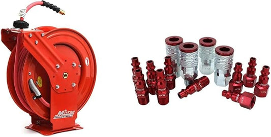 MILTON Strength Air Hose Reel w/Auto- Retractable Steel Dual Arm, Red - 2770-50D & ColorFit by Coupler & Plug Kit - (M-Style, Red) - 1/4" NPT, (14-Piece) - S-314MKIT