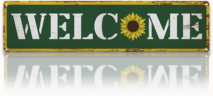 Vintage Metal Tin Signs, Welcome Sign, Sunflower Farmhouse Wall Decor, Rustic Garden Sign, for Yard Fence Door Porch, Indoor Outdoor Garden Decoration, Gift for Sunflower Lovers, 15.7 x 3.9 Inches