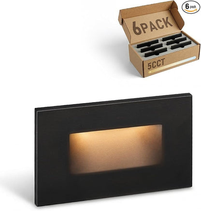 LEONLITE 6-Pack 5CCT 120V LED Step Lights, Horizontal, Black | 150LM, 5%-100% Dimmable, CRI90, ETL, Indoor Outdoor Stair Lights, Wet Location, 2700K/3000K/3500K/4000K/5000K, Aluminum