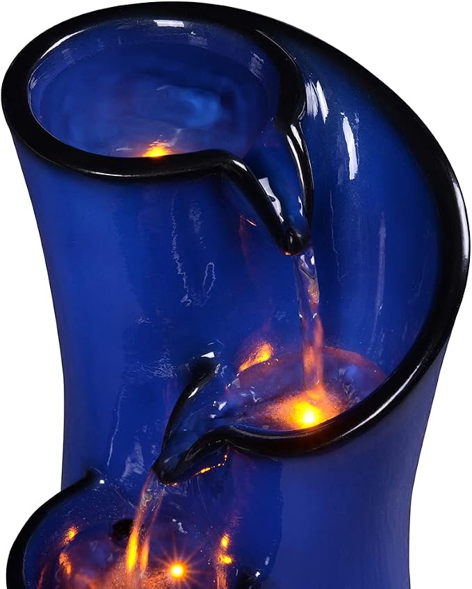 Indoor Water Fountain Imitation Ceramics Appearance Tabletop Relaxation Desktop Waterfall w/ 3 Reflective led, 9.8 Inch Tall (Blue)