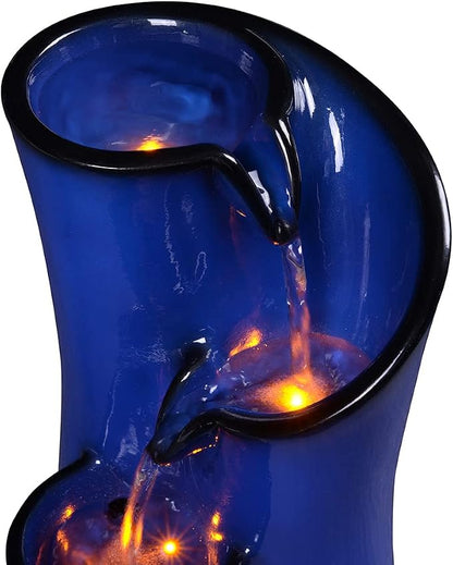 Indoor Water Fountain Imitation Ceramics Appearance Tabletop Relaxation Desktop Waterfall w/ 3 Reflective led, 9.8 Inch Tall (Blue)