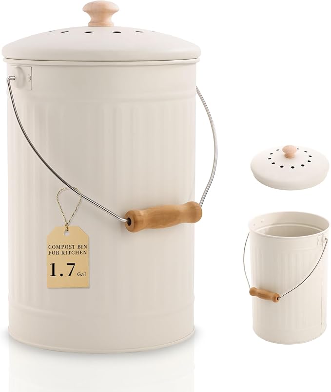 1.7 Gal Kitchen Compost Bin with Smell Proof Lid,Odorless Bin for Indoor Countertop,100% Rust Proof Compost Bucket with Non-Smell Charcoal Filter,Easy Cleaning and Looks Great On Any Kitchen Counter