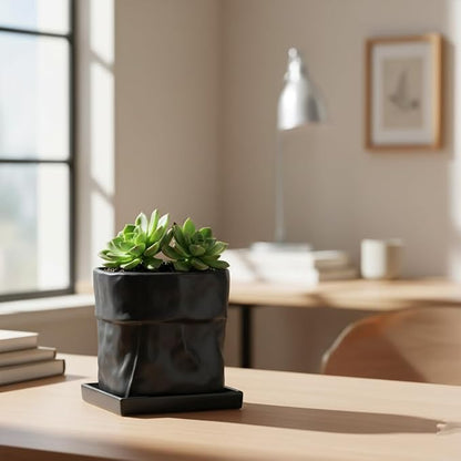Nihow 6 Inch Ceramic Plant Pot with Drainage & Square Saucer,Black | Bag Shape Design,Indoor & Outdoor，Living room/Office/Bedroom/Windowsill/Tabletop，Plant Lovers/Gardeners/Beginners