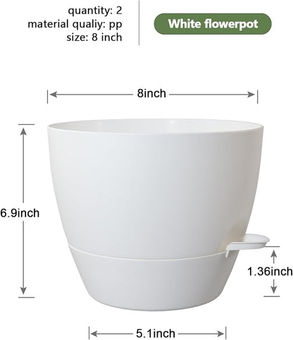 WSMKSZ 8 inch Self Watering Pots, Planter, Plant Pots with Mesh Drainage Holes for Indoor Outdoor House Plants and Garden, 2 Pack Plastic Flower Pots with Deep Reservoir for Patio Porch, White