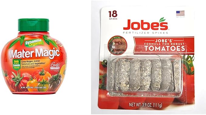 Dynamite Mater Magic Tomato Fertilizer & Jobe's Tomato Plant Fertilizer Spikes Bundle