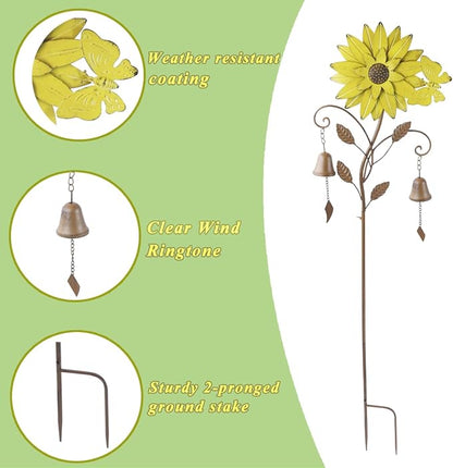 Decorative Garden Stakes,Garden Stake with Bells,Metal Flower Garden Decor | 50"H Sunflower Metal Flower Garden Stake with Bells, Lawn and Flower Bed Outdoor Garden Decor