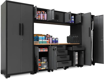 Torin Garage Cabinets Storage System, 9-Pcs Workshop Cabinet Set in Black | Included Steel Drawers Rolling Chest,Locked Storage Cabinet, Perfect for Organizing Garage and Tools, Black/Grey