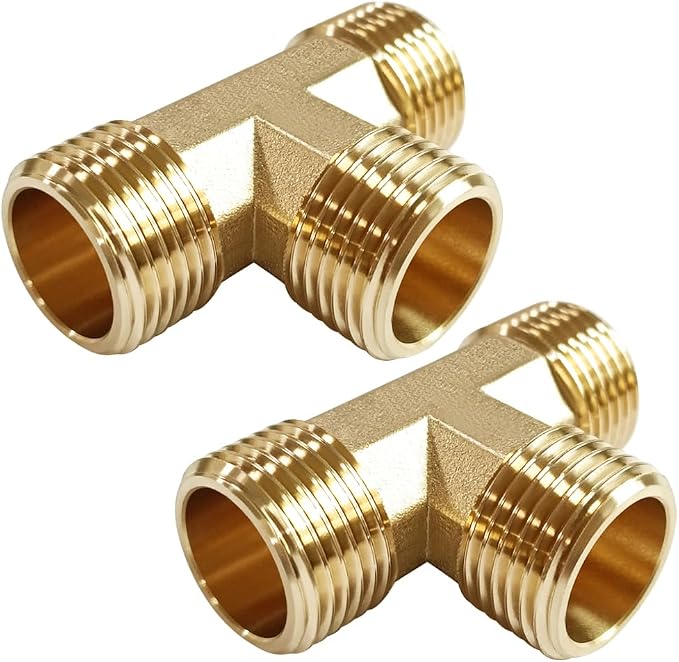 Uenede 2PCS Brass 3/4 Inch GHT Tee Pipe Fitting 3/4" GHT Male x 3/4" GHT Male x 3/4" GHT Male for Garden Hose Threaded Tube Pipe Fittings