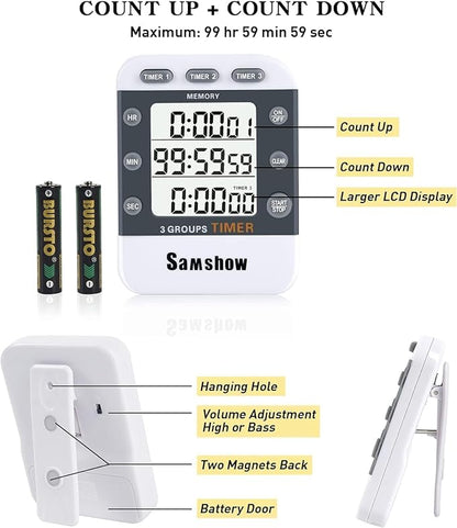 Samshow Digital Kitchen Timer, 3 Channels | Count UP/Down, Large Display, Adjustable Volume Alarm, Magnetic Back, Stand, Battery Included