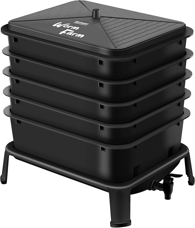 Blütezeit 5-Tray Worm Composter, 53QT Worm Compost Bin Indoor & Outdoor, Worm Farm Kit for Vermicomposting Starter, Recycling Food Waste (Black)