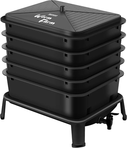 Blütezeit 5-Tray Worm Composter, 53QT Worm Compost Bin Indoor & Outdoor, Worm Farm Kit for Vermicomposting Starter, Recycling Food Waste (Black)