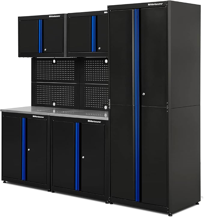 Montezuma Garage Tool Storage System - 7Piece Combo Workbench with Locking Cabinet & Stainless Steel Worktop - SC-BBH