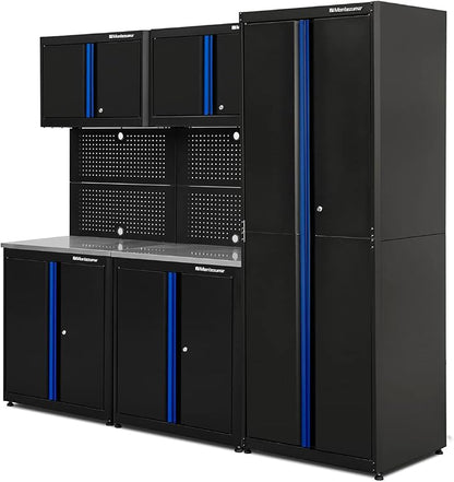 Montezuma Garage Tool Storage System - 7Piece Combo Workbench with Locking Cabinet & Stainless Steel Worktop - SC-BBH
