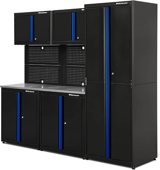 Montezuma Garage Tool Storage System - 7Piece Combo Workbench with Locking Cabinet & Stainless Steel Worktop - SC-BBH