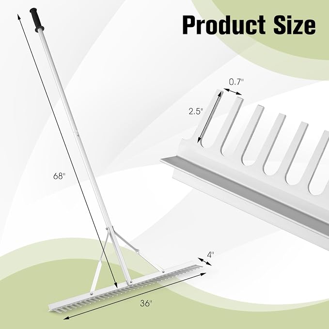 36” Landscape rake, Aluminum Garden with 36 Tines Head & 68” Non-Slip Long Handle, Double-Sided Metal Rake for Loosening Soil & Cleaning Weed, Leaf Rake for Garden Pond Beach Care