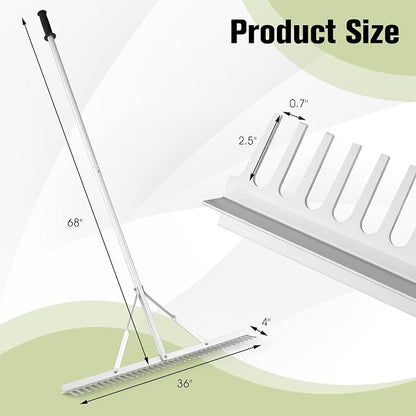 36” Landscape rake, Aluminum Garden with 36 Tines Head & 68” Non-Slip Long Handle, Double-Sided Metal Rake for Loosening Soil & Cleaning Weed, Leaf Rake for Garden Pond Beach Care