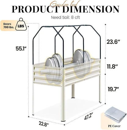 King Bird Large Raised Garden Bed with Cover Galvanized Elevated Planter Box with Legs 48×24×56 in for Backyard, Patio, Balcony, 700lb Capacity, Beige
