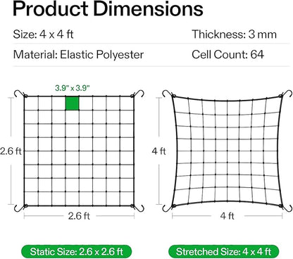 4 x 4 Ft Elastic Plant Trellis Net - 2-Pack Heavy Duty Garden Support Net with 4 Hooks for Grow Tents, Climbing Vegetables, Fruits & Flowers (Black)
