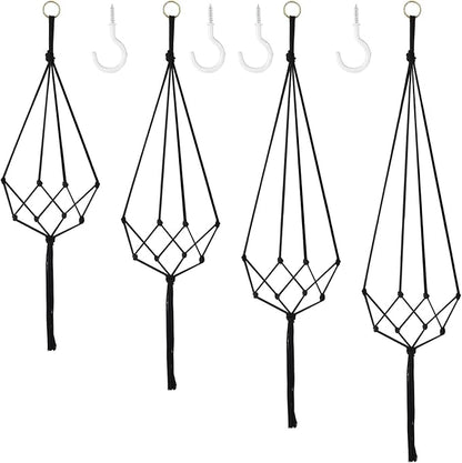 Augshy 4 Set Macramé Plant Hangers,Boho-Style Cotton Rope Hanging Planters, Flower Pot Holders Hangers for Indoor or Outdoor Use, Ceilings, Balconies, and Wall Decoration (Black)
