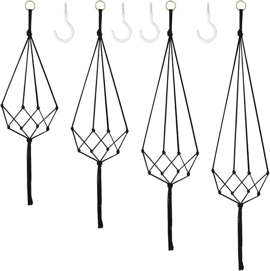 Augshy 4 Set Macramé Plant Hangers,Boho-Style Cotton Rope Hanging Planters, Flower Pot Holders Hangers for Indoor or Outdoor Use, Ceilings, Balconies, and Wall Decoration (Black)