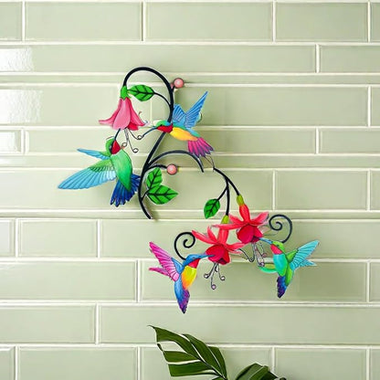 Meduofon 2 Pack Metal Hummingbird & Flower Outdoor Wall Art Decor, Creative Wall Decor for Patio, Fence, Deck, Garden, Home, Kitchen, Balcony