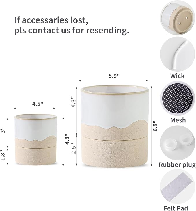 Nihow Self Watering Ceramic Planter, 4.5+6 Inch, White & Nature | Drainage Hole & Water Storage Plus, Cylinder Flower Pot, With Wick, For Indoor Plants & Herbs