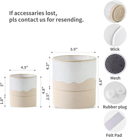 Nihow Self Watering Ceramic Planter, 4.5+6 Inch, White & Nature | Drainage Hole & Water Storage Plus, Cylinder Flower Pot, With Wick, For Indoor Plants & Herbs