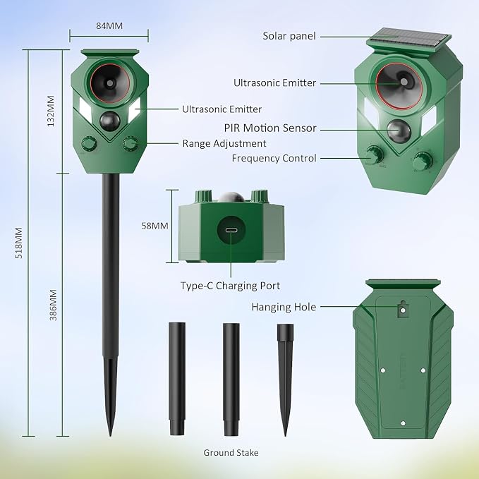 4-Pack Solar Powered Ultrasonic Animal Repeller, Outdoor Waterproof Deer Squirrel with Motion-Activated Sensor Strobe Light, for Cats, Raccoons, Skunks, Rabbits and More