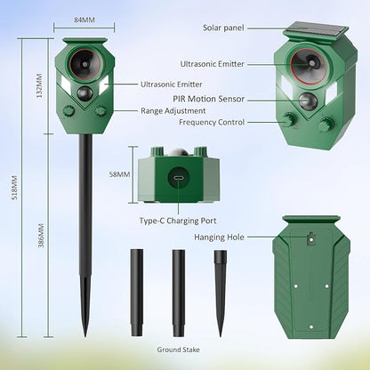 4-Pack Solar Powered Ultrasonic Animal Repeller, Outdoor Waterproof Deer Squirrel with Motion-Activated Sensor Strobe Light, for Cats, Raccoons, Skunks, Rabbits and More