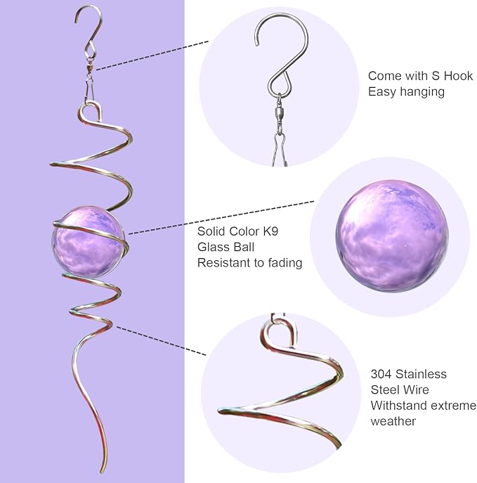 Gazing Ball Spiral Tail with Purple Glass Orb, Wind Spinners Stabilizer, Stainless Steel Wind Spinner Tail, Outdoor Décor, Hanging Garden Sculptures Decoration Ornament 13inch Height