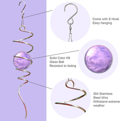 Gazing Ball Spiral Tail with Purple Glass Orb, Wind Spinners Stabilizer, Stainless Steel Wind Spinner Tail, Outdoor Décor, Hanging Garden Sculptures Decoration Ornament 13inch Height