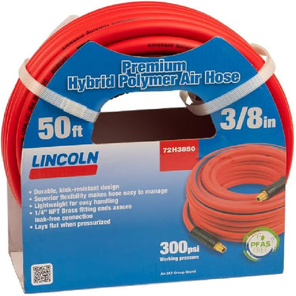 Lincoln 72N3850 50' x 3/8" ID Air/Water Hybrid Polymer Replacement Hose for 83753 Reel, 1/4" NPT Male Leak-free Brass Fittings, Kink Resistant, Meets PFAS-Free Regulations, UV Protective, Red/Black