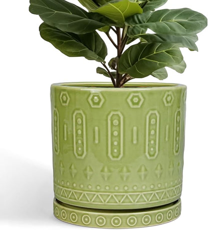Eightpot Ceramic Planter - 12 Inch Pots for Plants Indoor Outdoor, Round Large Flower Pots with Drainage Hole and Saucer, Decorative Boho Planter, Home Office Decor, Plant Lover Gifts, Green