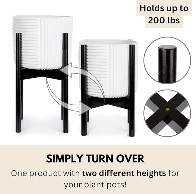 Fox & Fern Adjustable Plant Stand Indoor — 8 to 12 Inch Premium Mid Century Bamboo Plant Stand with Adjustable Width; Plug In Design; Easy to Assemble; Two Heights - For 8, 9, 10, 11 & 12 Inch Pots