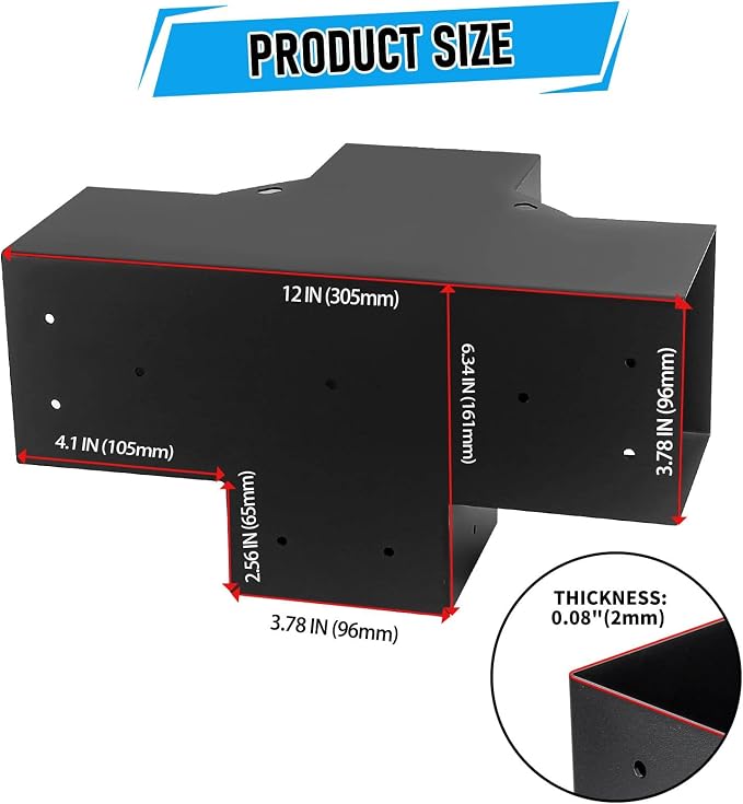 Woodworks 4x4 Pergola Brackets - 4-Way 90 Right Angle Corner Extension Brackets for 4x4 Inch Lumber (2PCS) - Black Powder Coated Modular Sizing Pergola/Gazebo Hardware