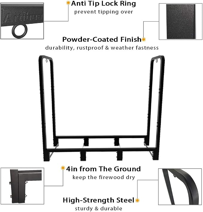 4ft Outdoor Firewood Rack, Upgraded Adjustable Heavy Duty Logs Stand Stacker Holder for Fireplace - Metal Lumber Storage Carrier Organizer, Bright Black