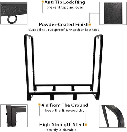 4ft Outdoor Firewood Rack, Upgraded Adjustable Heavy Duty Logs Stand Stacker Holder for Fireplace - Metal Lumber Storage Carrier Organizer, Bright Black