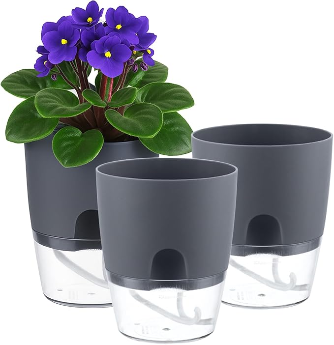 3 Pack Self Watering Pots for Indoor Plants, PlanterHoma 6 Inch Plant Pot Plastic Self Watering Planter for Orchid, African Violet, Small Clear Flower Pots with Drainage Holes and Wicking Rope, Grey