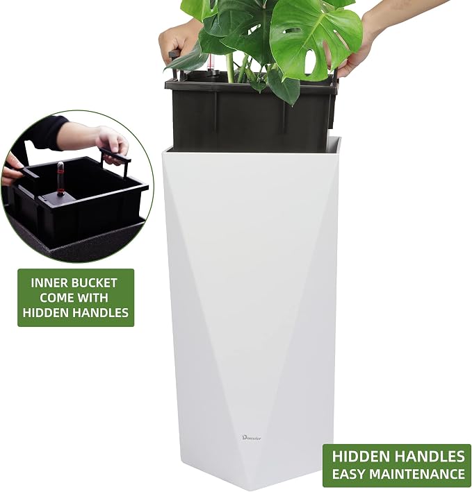 Dexceder 24 Inches Self Watering Tall Planter (White) | Diamond High Gloss, Thickened Rhombus Large Floor Standing Flower Plant Pot with Water Level Indicator Indoor Outdoor