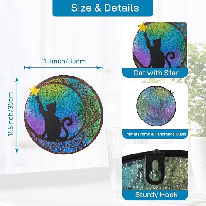VEWOSTAR 11.8”Stained Glass Window Hanging Round Cat Sun Catchers with Star | Handmade Metal Frame Suncatcher for Window Stained Glass Panels for Wall Garden Decor