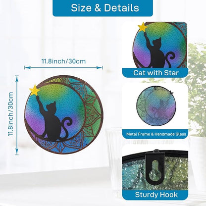 VEWOSTAR 11.8”Stained Glass Window Hanging Round Cat Sun Catchers with Star | Handmade Metal Frame Suncatcher for Window Stained Glass Panels for Wall Garden Decor