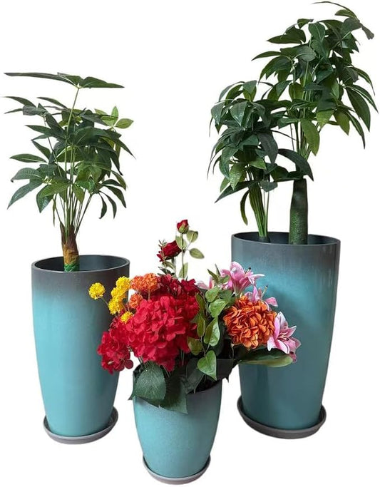24,21,11 Inch Large Plastic Planters with Drainage Hole and Saucer - Set of 3 Tall Plant Pots Indoor Flower Pot Tall Round Planters Outdoor Large Tall Planter