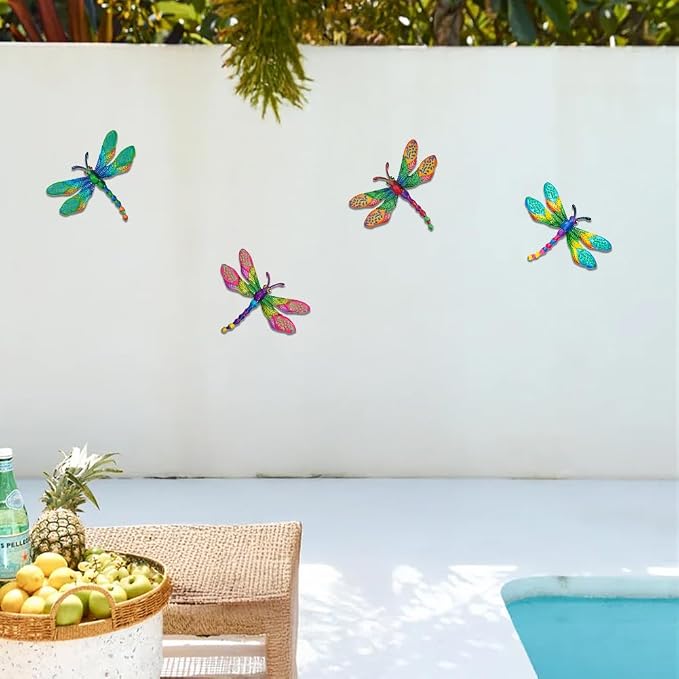 dreamskip 4 PCs Metal Dragonfly Wall Decor Art, Dragonflies Outdoor Wall Art with Colorful Leaves, Hand Painted Outdoor Decor For Garden Yard Fence Patio Outside Decoration